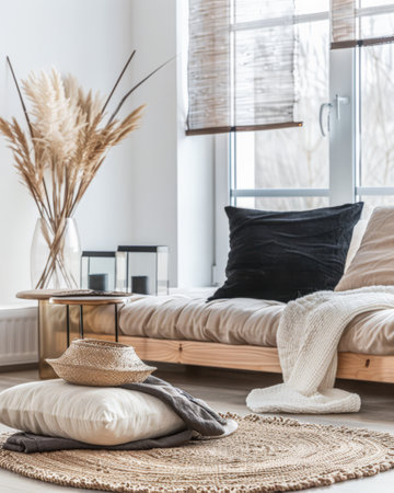 Minimalist interior design composition in a bright room with Scandinavian and zen decor. Home interiors in a luxurious style.の素材