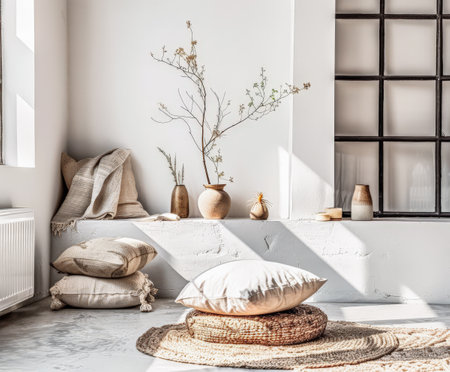 Minimalist interior design composition in a bright room with Scandinavian and zen decor. Home interiors in a luxurious style.の素材