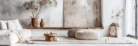 Minimalist interior design composition in a bright room with Scandinavian and zen decor. Home interiors in a luxurious style.の素材