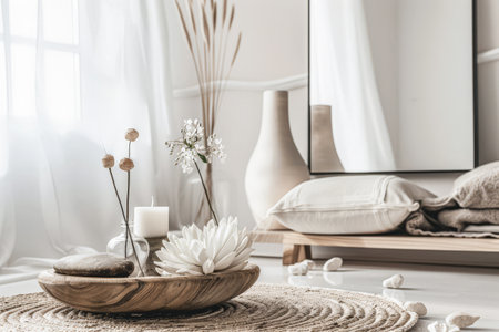 Minimalist interior design composition in a bright room with Scandinavian and zen decor. Home interiors in a luxurious style.の素材