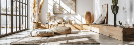 Minimalist interior design composition in a bright room with Scandinavian and zen decor. Home interiors in a luxurious style.の素材