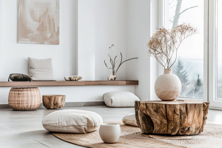 Minimalist interior design composition in a bright room with Scandinavian and zen decor. Home interiors in a luxurious style.の素材