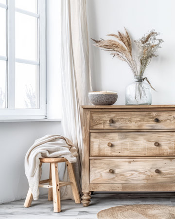 Rustic dresser with Scandinavian decor and copyspace for text.の素材