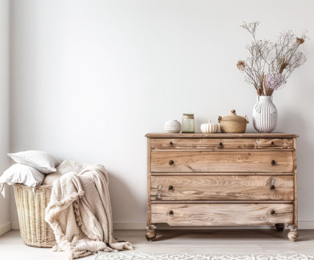 Rustic dresser with Scandinavian decor and copyspace for text.の素材