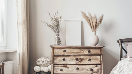 Rustic dresser with Scandinavian decor and copyspace for text.の素材