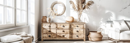Rustic dresser with Scandinavian decor and copyspace for text.の素材