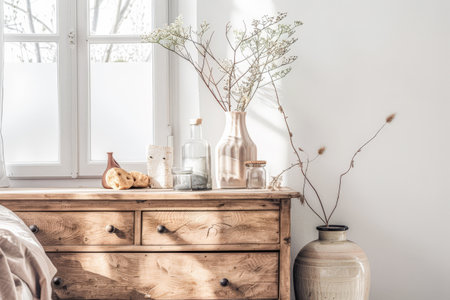 Rustic dresser with Scandinavian decor and copyspace for text.の素材