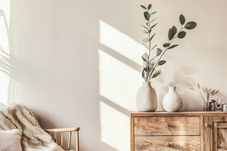 Rustic dresser with Scandinavian decor and copyspace for text.の素材