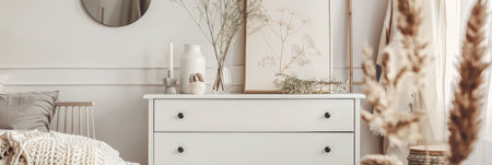 Rustic dresser with Scandinavian decor and copyspace for text.の素材