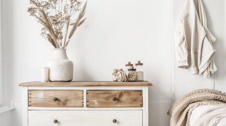 Rustic dresser with Scandinavian decor and copyspace for text.の素材
