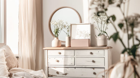 Rustic dresser with Scandinavian decor and copyspace for text.の素材