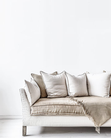 Minimalist interiors design with a sofa, natural elements decor and copyspace for textの素材