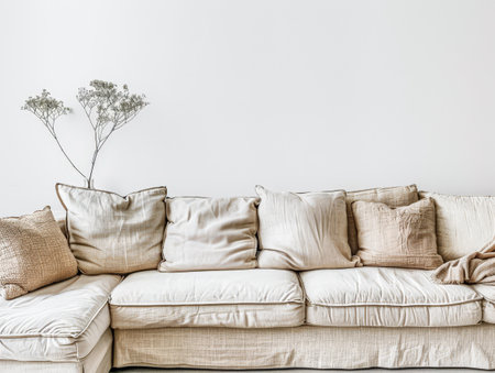 Minimalist interiors design with a sofa, natural elements decor and copyspace for textの素材