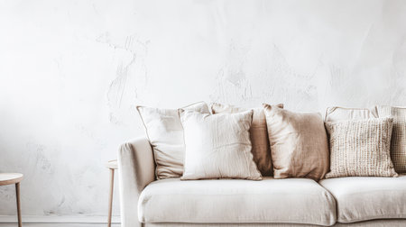 Minimalist interiors design with a sofa, natural elements decor and copyspace for textの素材