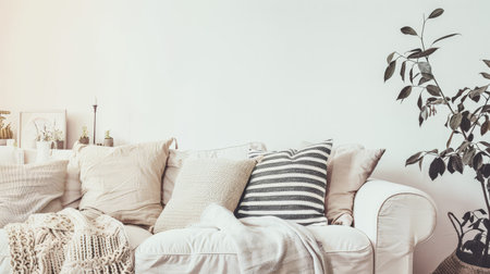 Minimalist interiors design with a sofa, natural elements decor and copyspace for textの素材