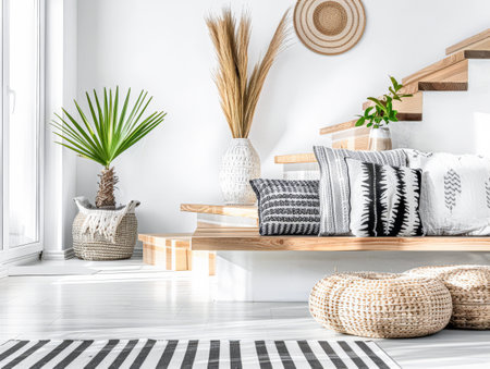 Scandinavian minimalist interiors composition with minimal furniture and neutral tones.の素材