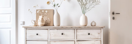 Rustic dresser with Scandinavian decor and copyspace for text.の素材
