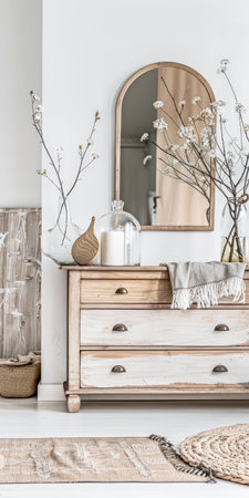 Rustic dresser with Scandinavian decor and copyspace for text.の素材