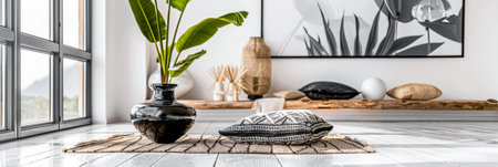 Minimalist living room composition with zen elements in a Scandinavian apartmentの素材