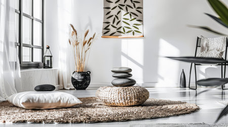 Minimalist living room composition with zen elements in a Scandinavian apartmentの素材