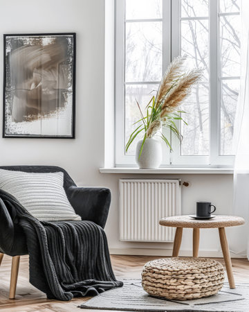Minimalist living room composition with zen elements in a Scandinavian apartment. Interior design composition with minimal furnitureの素材