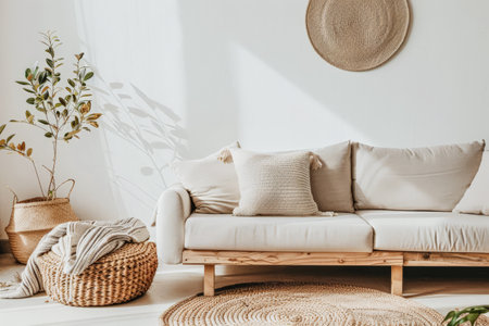 Minimalist Scandinavian interior design room composition. Interiors with natural elements, minimal furniture and ample copyspace.の素材