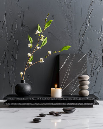 Minimalist zen interiors decor composition with contrasting colors. Interior design composition with copyspace.の素材