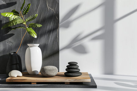 Minimalist zen interiors decor composition with contrasting colors. Interior design composition with copyspace.の素材