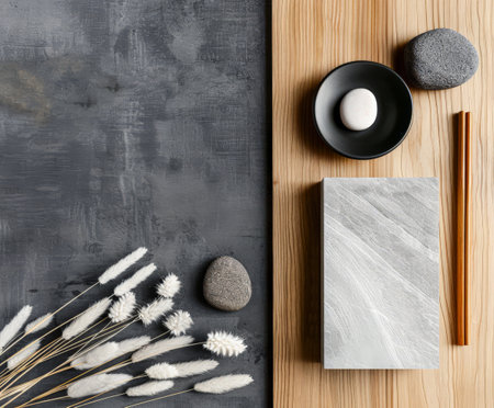 Minimalist zen interiors decor composition with contrasting colors. Interior design composition with copyspace.の素材