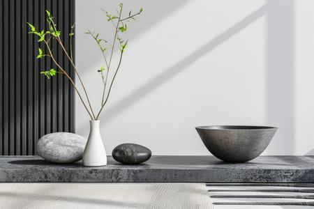 Minimalist zen interiors decor composition with contrasting colors. Interior design composition with copyspace.の素材