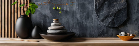 Minimalist zen interiors decor composition with contrasting colors. Interior design composition with copyspace.の素材