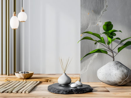 Minimalist zen interiors decor composition with contrasting colors. Interior design composition with copyspace.の素材