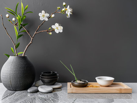 Minimalist zen interiors decor composition with contrasting colors. Interior design composition with copyspace.の素材
