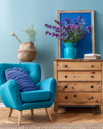 Vibrant chic living room with bold decor and vibrant contrast. Interior design luxury composition.の素材