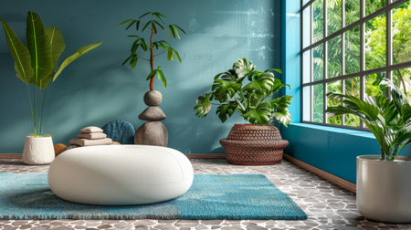 Serene zen interiors composition with minimal furniture and vibrant contrast. Modern interior design compositionの素材