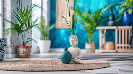 Serene zen interiors composition with minimal furniture and vibrant contrast. Modern interior design compositionの素材