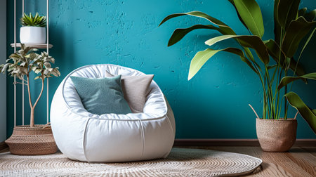 Serene zen interiors composition with minimal furniture and vibrant contrast. Modern interior design compositionの素材