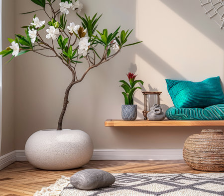 Serene zen interiors composition with minimal furniture and vibrant contrast. Modern interior design compositionの素材