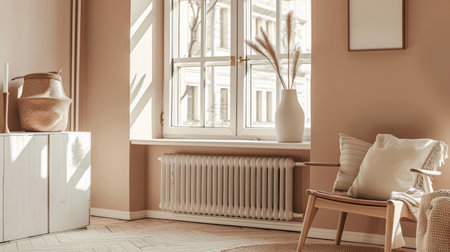 Minimalist interior design composition with a window bathing with natural light a room.の素材