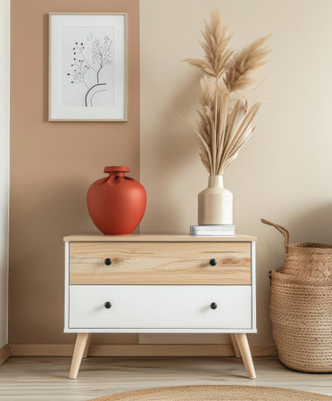 Wooden dresser in vibrant color in an interior design room composition. Minimalistic, chic interiors.の素材