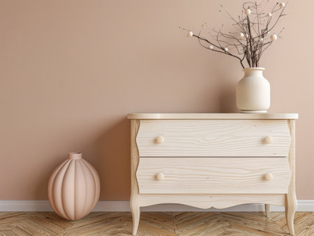 Wooden dresser in vibrant color in an interior design room composition. Minimalistic, chic interiors.の素材