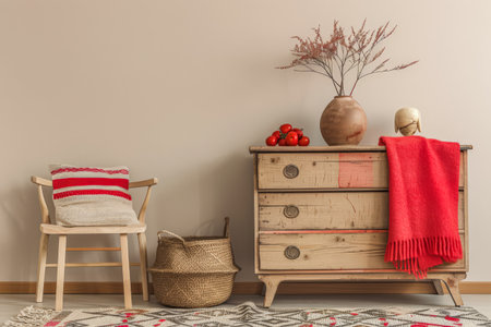 Wooden dresser in vibrant color in an interior design room composition. Minimalistic, chic interiors.の素材