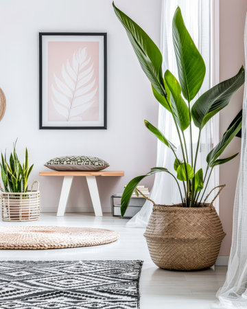 Beautiful interior design composition in minimalist fashion with pink tones, minimal furniture and copyspace for text.の素材