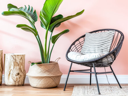 Beautiful interior design composition in minimalist fashion with pink tones, minimal furniture and copyspace for text.の素材