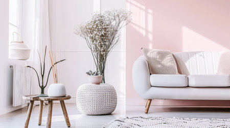 Beautiful interior design composition in minimalist fashion with pink tones, minimal furniture and copyspace for text.の素材