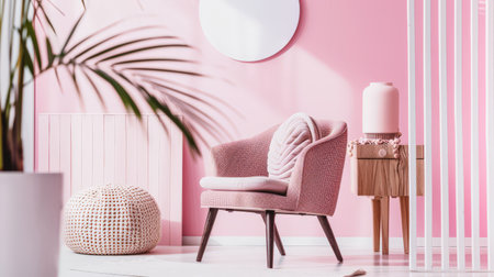 Beautiful interior design composition in minimalist fashion with pink tones, minimal furniture and copyspace for text.の素材