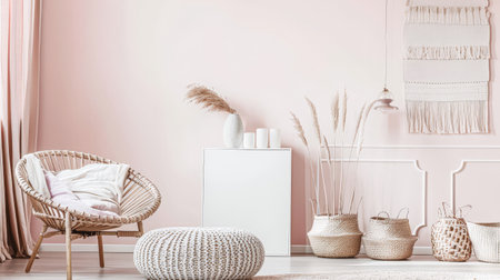 Beautiful interior design composition in minimalist fashion with pink tones, minimal furniture and copyspace for text.の素材
