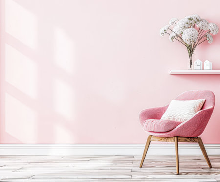 Beautiful interior design composition in minimalist fashion with pink tones, minimal furniture and copyspace for text.の素材