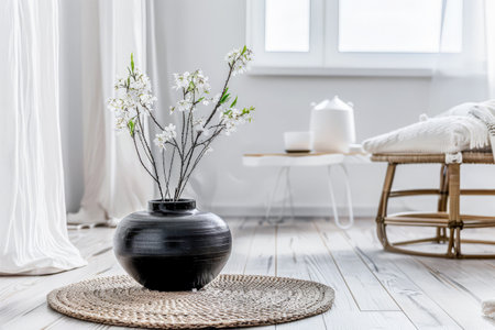 Zen minimalist interiors with neutral tones, minimal furniture and natural decor.の素材