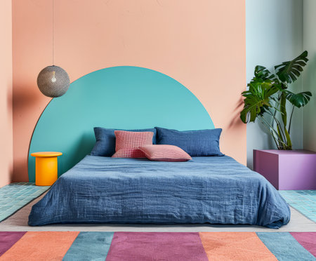 Multicolor modern bedroom interiors with minimalist decor, a bed and cosy elements. Interiors composition with minimal furniture and copy spaceの素材